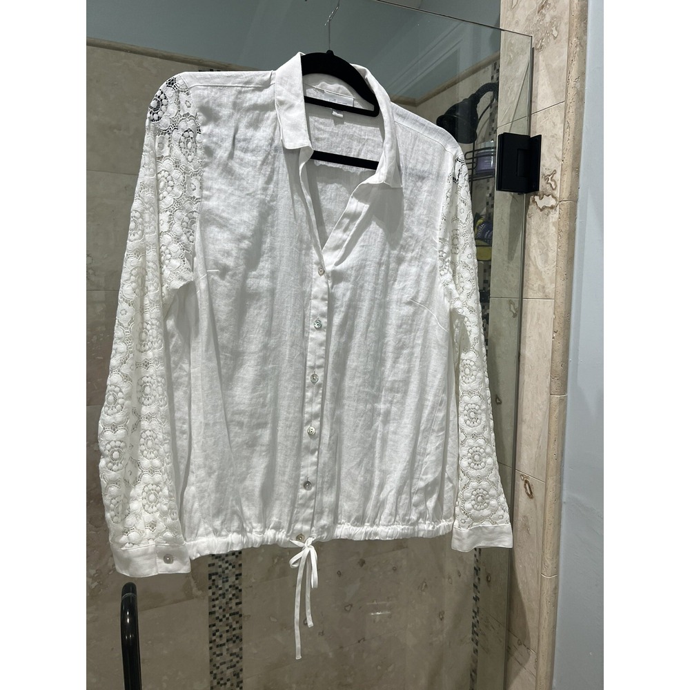 J Jill Love Linen Button Up Lace Sleeve Blouse Collared Top  White Womens Size M